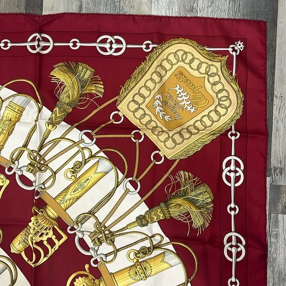 HERMESCliquetis Carre 90 Silk 100% Scarf white burgundy gold 35”:35”